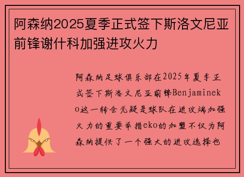 阿森纳2025夏季正式签下斯洛文尼亚前锋谢什科加强进攻火力