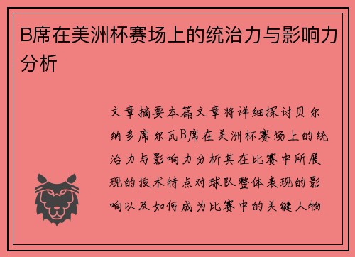 B席在美洲杯赛场上的统治力与影响力分析